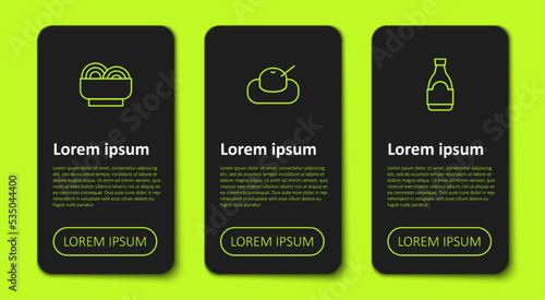 Set line Asian noodles in bowl, Mochi and Soy sauce bottle. Business infographic template. Vector