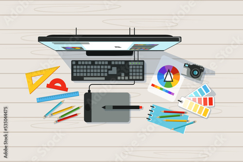 Designer workplace. pc painter tablet pencils color pallete. Vector cartoon background