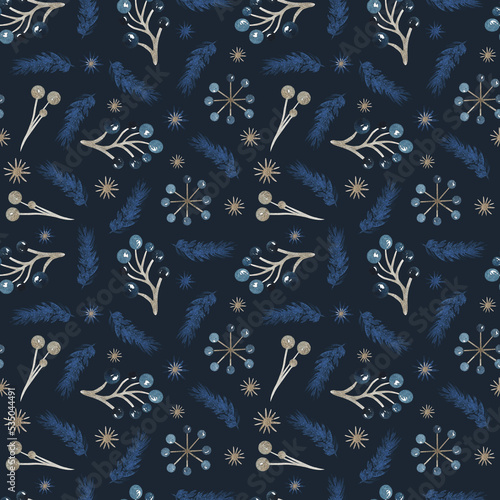 Winter golden bronze berries elements, fir tree with blue and stars. Watercolor seamless pattern on depp navy blue background photo