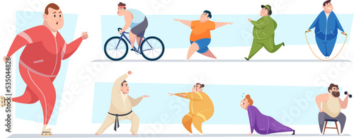 Fat characters. Outdoor sport active people fitness activity in gym fat persons in action poses exact vector cartoon templates
