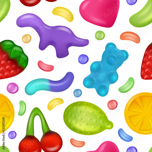Jelly pattern. Gelatin products sweets for kids colored gummy fish and bear decent vector seamless background