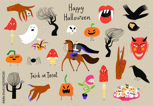 Spooky cartoon set of Halloween illustrations
