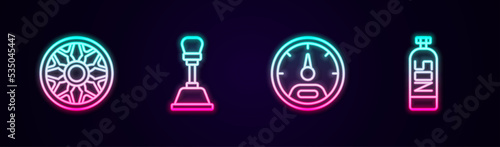 Set line Alloy wheel for car, Gear shifter, Speedometer and Nitrous oxide. Glowing neon icon. Vector