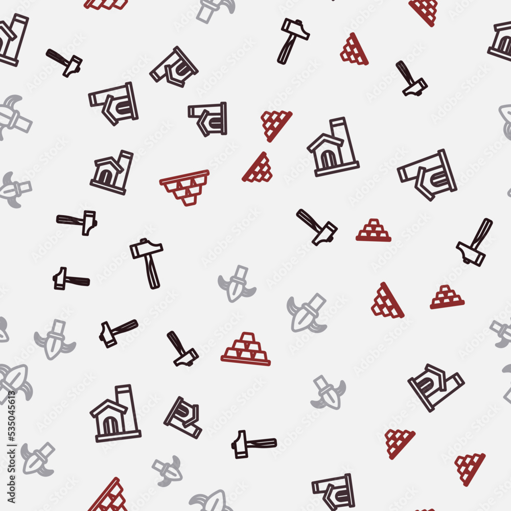 Set line Hammer, Smithy workshop interior, Classic iron fence and Gold bars on seamless pattern. Vector Set line Hammer, Smithy workshop interior, Classic iron fence and Gold bars on seamless pattern. Vector
