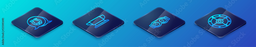 Set Isometric line Welding glasses, Horseshoe, Round shield and Blacksmith anvil tool icon. Vector