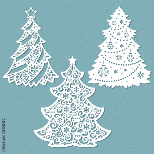 Christmas trees. A set of templates for laser cutting of any materials. For the design of postcards, flyers, stencils, print. New Year and Christmas decor. Vector