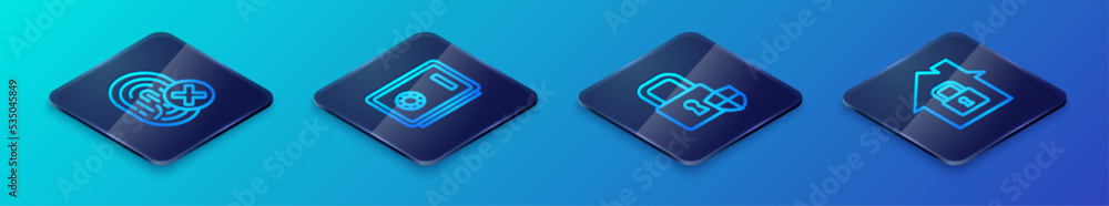 Set Isometric line Shield security with lock, Cancelled fingerprint, House under protection and Safe icon. Vector Set Isometric line Shield security with lock, Cancelled fingerprint, House under protection and Safe icon. Vector