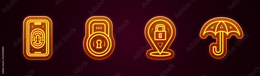 Set line Mobile with fingerprint scanner, Lock, and Umbrella. Glowing neon icon. Vector Set line Mobile with fingerprint scanner, Lock, and Umbrella. Glowing neon icon. Vector