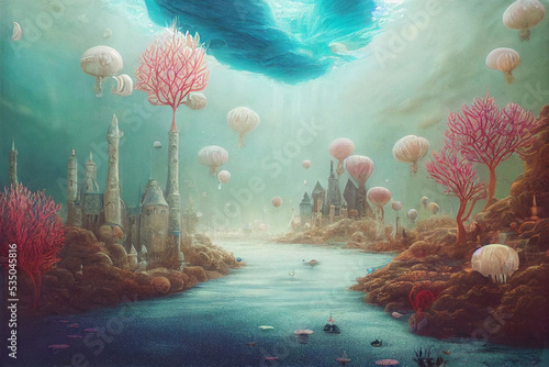 strange surreal underwater fantasy  city , fantasy background, digital illustrat Fototapet