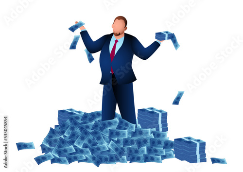 Fat businessman standing on a big pile of money