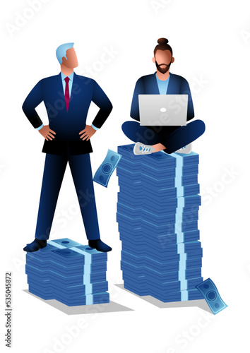 Freelancer with laptop sitting on higher stack of money than formal businessman