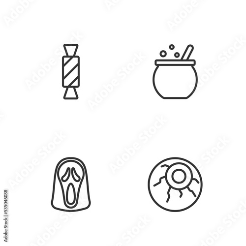 Set line Eye  Funny and scary ghost mask  Candy and Halloween witch cauldron icon. Vector