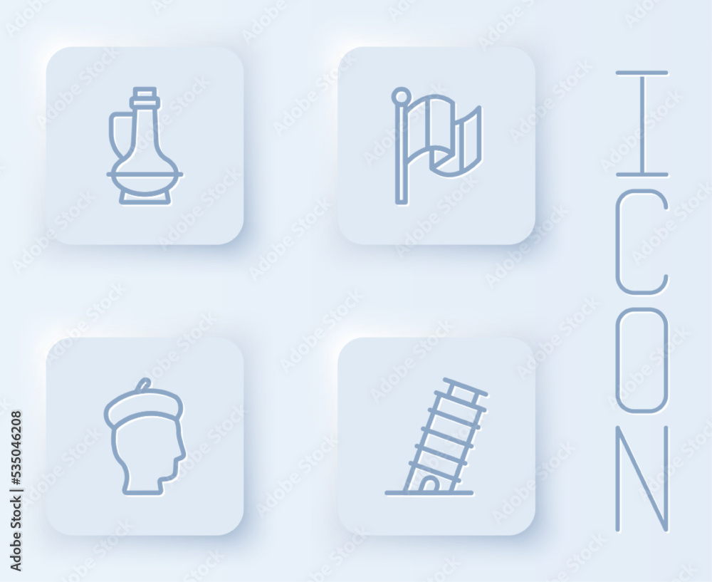 Set line Bottle of olive oil, Flag Italy, French man and Leaning tower in Pisa. White square button. Vector Set line Bottle of olive oil, Flag Italy, French man and Leaning tower in Pisa. White square button. Vector