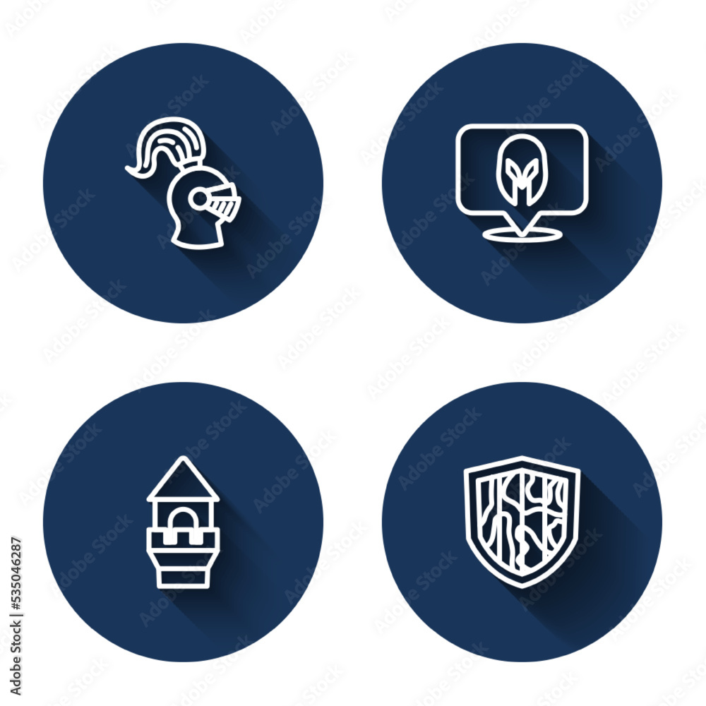 Set line Medieval helmet, Castle tower and Shield with long shadow. Blue circle button. Vector Set line Medieval helmet, Castle tower and Shield with long shadow. Blue circle button. Vector