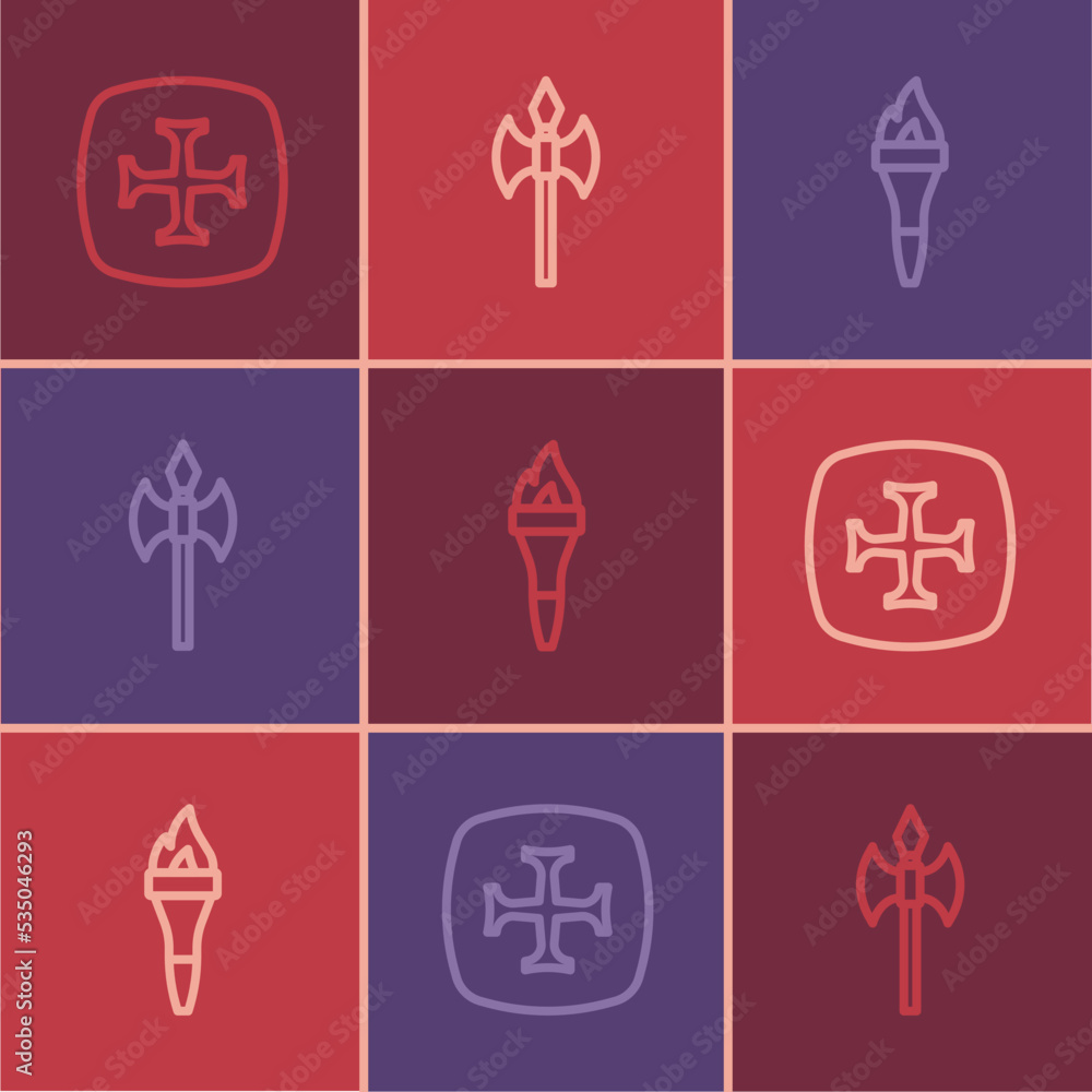 Set line Crusade, Torch flame and Medieval axe icon. Vector Set line Crusade, Torch flame and Medieval axe icon. Vector