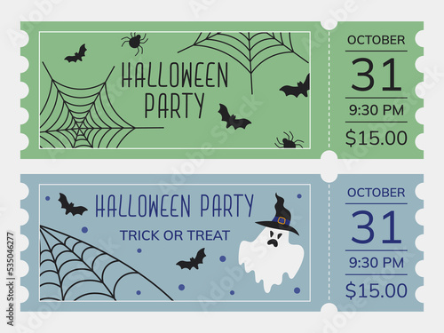 Tickets to the Halloween party. Tickets and cards for a Halloween night party with spider webs, bats and ghosts