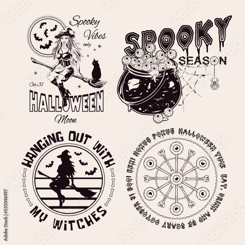 Set of halloween vintage labels with pretty young witch, broomstick, moon, silhouette of bat, cat, stars, cauldron, eyeballs Mandala with bones, eyes, text Monochrome illustration on white backdrop