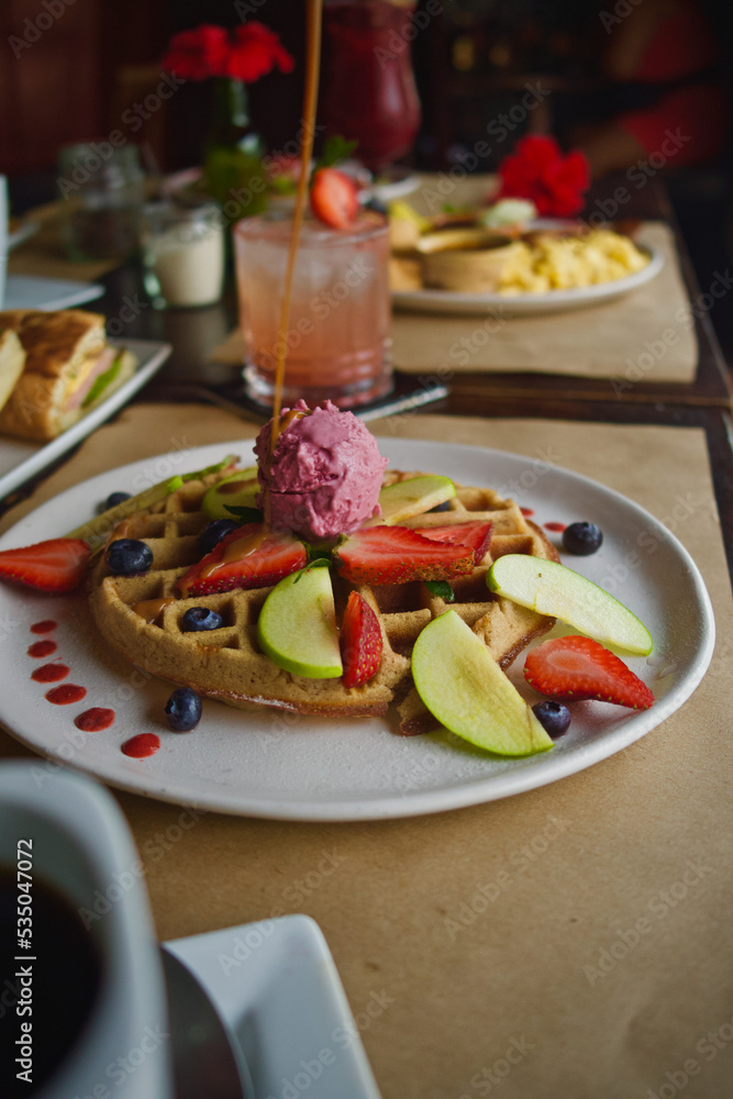 waffles breakfast with ice cream and fruits waffles breakfast with ice cream and fruits