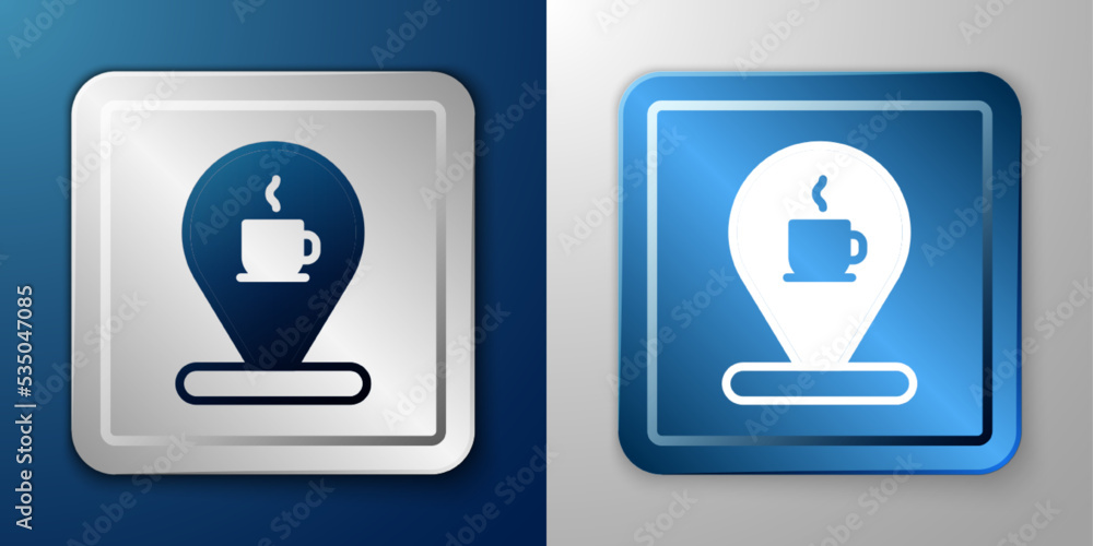 White Location with coffee cup icon isolated on blue and grey background. Silver and blue square button. Vector White Location with coffee cup icon isolated on blue and grey background. Silver and blue square button. Vector