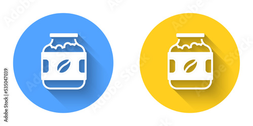 White Coffee jar bottle icon isolated with long shadow background. Circle button. Vector
