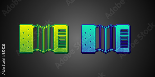 Green and blue Musical instrument accordion icon isolated on black background. Classical bayan, harmonic. Vector