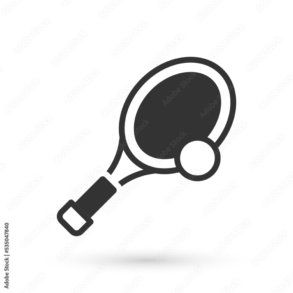 Grey Tennis racket with ball icon isolated on white background. Sport equipment. Vector Grey Tennis racket with ball icon isolated on white background. Sport equipment. Vector