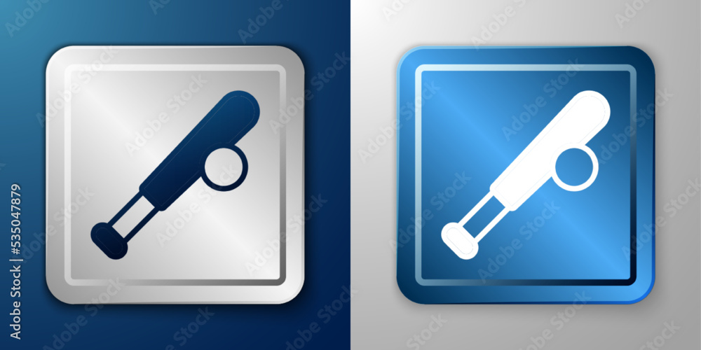 White Baseball bat with ball icon isolated on blue and grey background. Silver and blue square button. Vector White Baseball bat with ball icon isolated on blue and grey background. Silver and blue square button. Vector