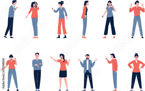 Angry people listen and talk. Grumpy society, offended male misunderstanding. Argue woman and man, emotions and conflict recent vector characters