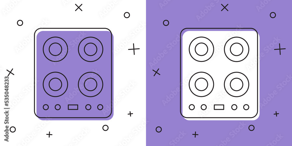 Set Gas stove icon isolated on white and purple background. Cooktop sign. Hob with four circle burners. Vector Set Gas stove icon isolated on white and purple background. Cooktop sign. Hob with four circle burners. Vector