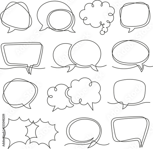 One line speech bubbles. Art drawing conversations messages, feedback and ideas. Empty communication frames, continuous lines tidy vector dialog elements