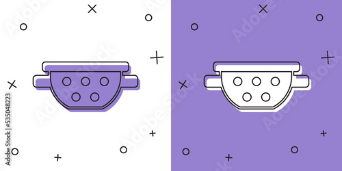 Set Kitchen colander icon isolated on white and purple background. Cooking utensil. Cutlery sign. Vector