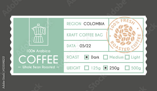 Coffee packaging sticker. Geometric label template, minimal design tag with beans and coffee maker. Tidy vintage arabica package vector info banner