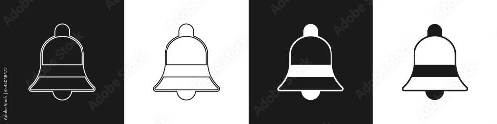 Set Ringing bell icon isolated on black and white background. Alarm symbol, service bell, handbell sign, notification symbol. Vector Set Ringing bell icon isolated on black and white background. Alarm symbol, service bell, handbell sign, notification symbol. Vector