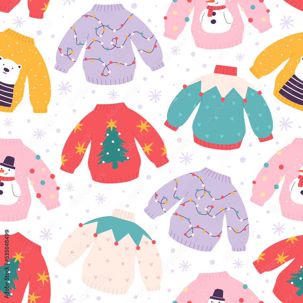 Ugly sweaters seamless pattern. Vintage cristmas pullover, party winter jumper. Cozy racy holidays clothes with snowman, bear, garlands vector print