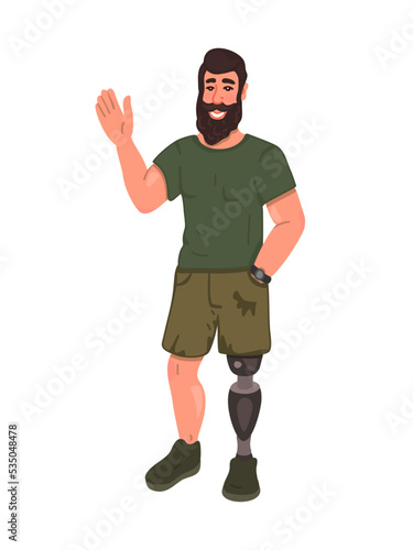 Happy bearded man with prosthetic leg. He smiles and waves his hand. People with disabilities. Vector.