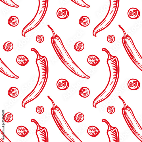 Red chili peppers, vector illustration. Seamless pattern with pepper.