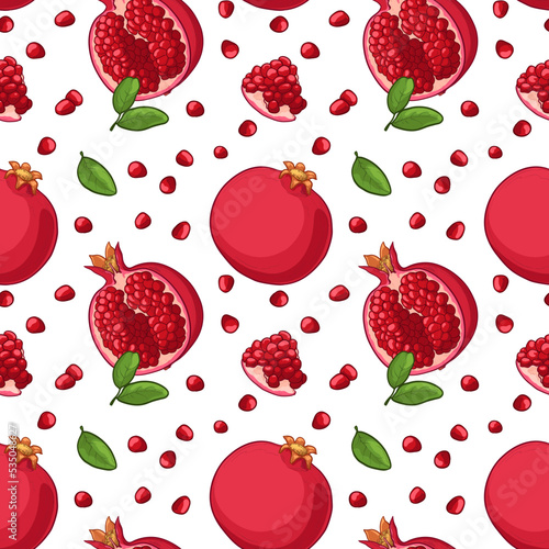 Pomegranate, leaf and half pomegranate. Seamless pattern. Vector illustration.