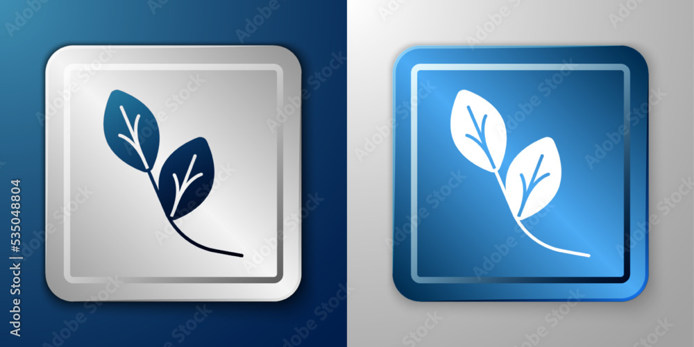 White Leaf icon isolated on blue and grey background. Leaves sign. Fresh natural product symbol. Silver and blue square button. Vector White Leaf icon isolated on blue and grey background. Leaves sign. Fresh natural product symbol. Silver and blue square button. Vector