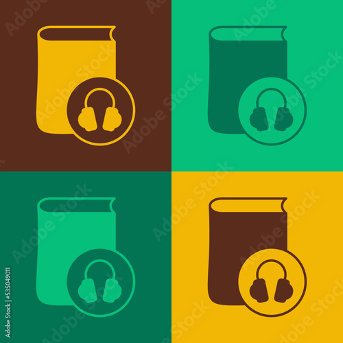 Pop art Audio book icon isolated on color background. Book with headphones. Audio guide sign. Online learning concept. Vector