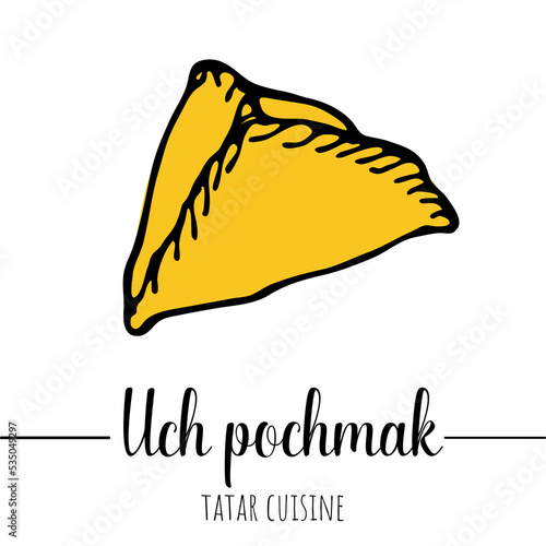 Uch pochmak. Bashkir national pie with meat and potat. Hand drawn illustration of national Bashkir cuisine dishes. Asian, bashkir, tatar cuisin photo