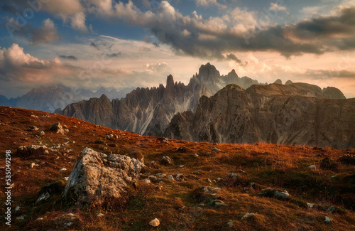 Amazing landscape, mountains during sunset with dramatic and beautiful lighting, Scenic view of Dolomites in Italian Alps, Italy, Europe © Marcin