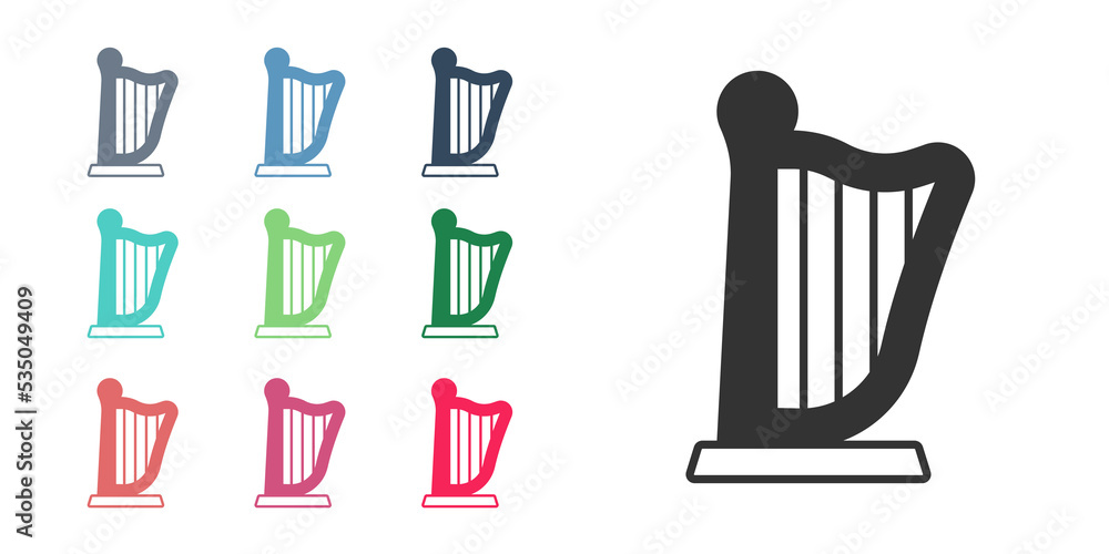 Black Harp icon isolated on white background. Classical music instrument, orhestra string acoustic element. Set icons colorful. Vector Black Harp icon isolated on white background. Classical music instrument, orhestra string acoustic element. Set icons colorful. Vector