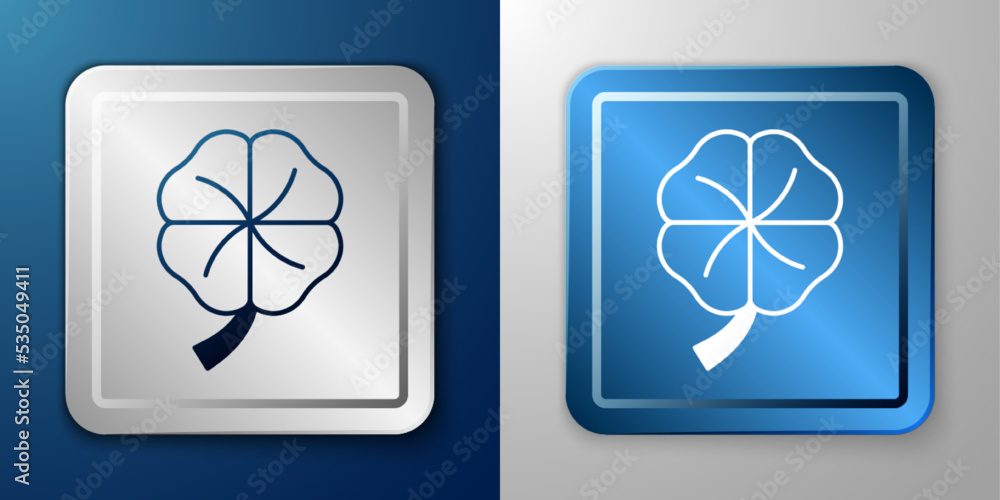 White Four leaf clover icon isolated on blue and grey background. Happy Saint Patricks day. National Irish holiday. Silver and blue square button. Vector White Four leaf clover icon isolated on blue and grey background. Happy Saint Patricks day. National Irish holiday. Silver and blue square button. Vector