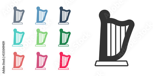 Black Harp icon isolated on white background. Classical music instrument, orhestra string acoustic element. Set icons colorful. Vector