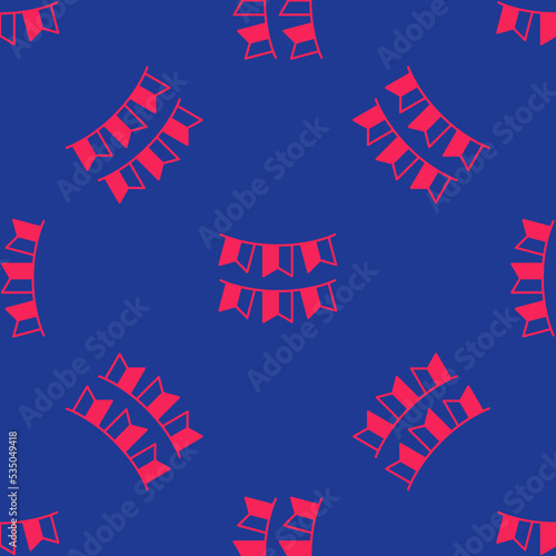 Red Carnival garland with flags icon isolated seamless pattern on blue background. Party pennants for birthday celebration, festival decoration. Vector