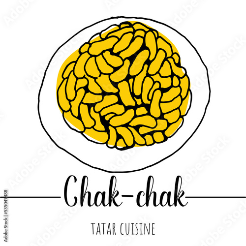 Chak-chak. Bashkir national pie. Hand drawn illustration of national Bashkir cuisine dishes. Asian, bashkir, tatar cuisin photo