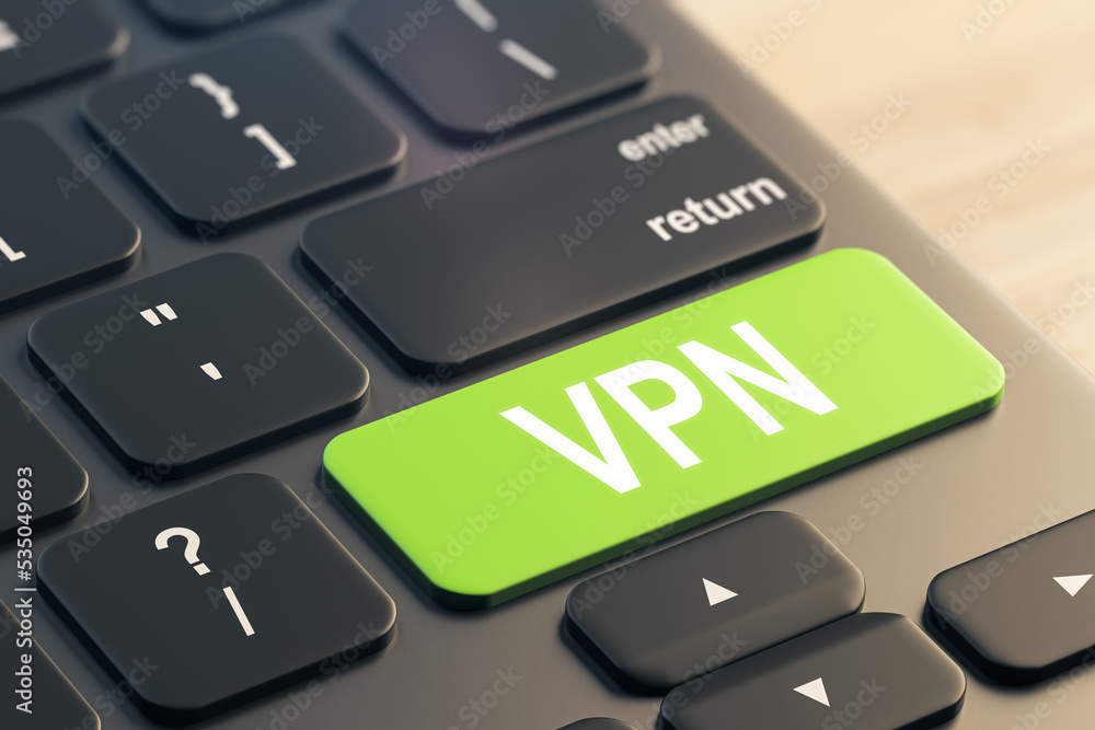 Close up of green vpn button on black keyboard placed on blurry wooden desktop. concept. 3D Rendering. Close up of green vpn button on black keyboard placed on blurry wooden desktop. concept. 3D Rendering.