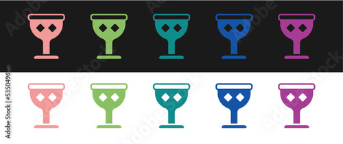 Set Medieval goblet icon isolated on black and white background. Holy grail. Vector