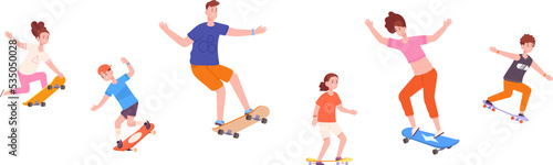Young skaters on board. Female and man longboarder kids skater longboarding, action workout extreme riding longboard, teenagers girl guy skate