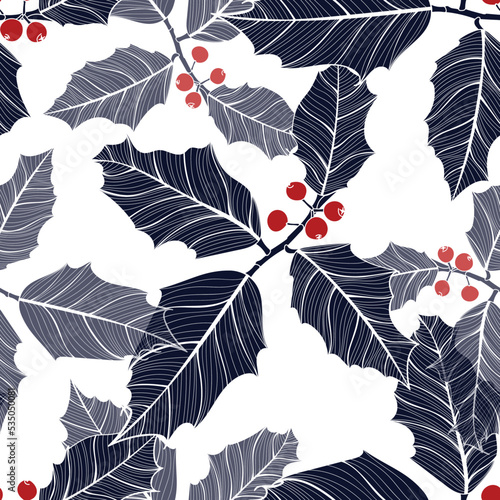 Christmas seamless pattern in red and blue with holly leaves and berries for greeting cards, wrapping papers.